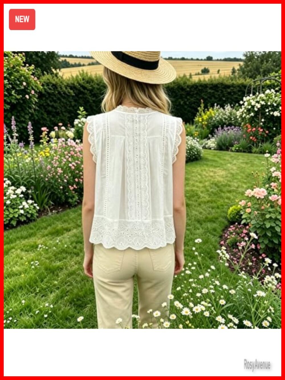 Women's Eyelet Lace Trim Sleeveless Boho Babydoll Top Cropped A-Line Flowy Tank - Picture 3 of 6